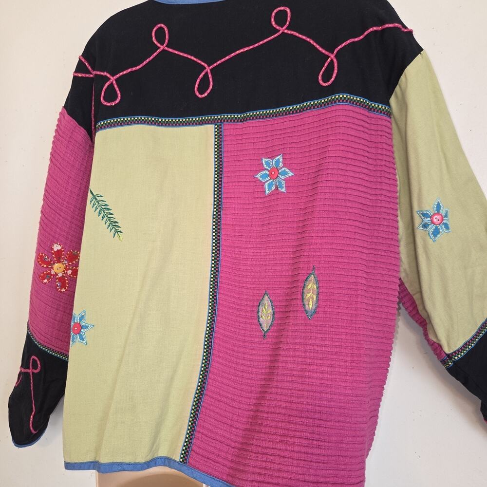 Sara Studio Plus Patchwork Jacket Top 1X Linen Blend Boho Festival Lined Artsy - Picture 8 of 16